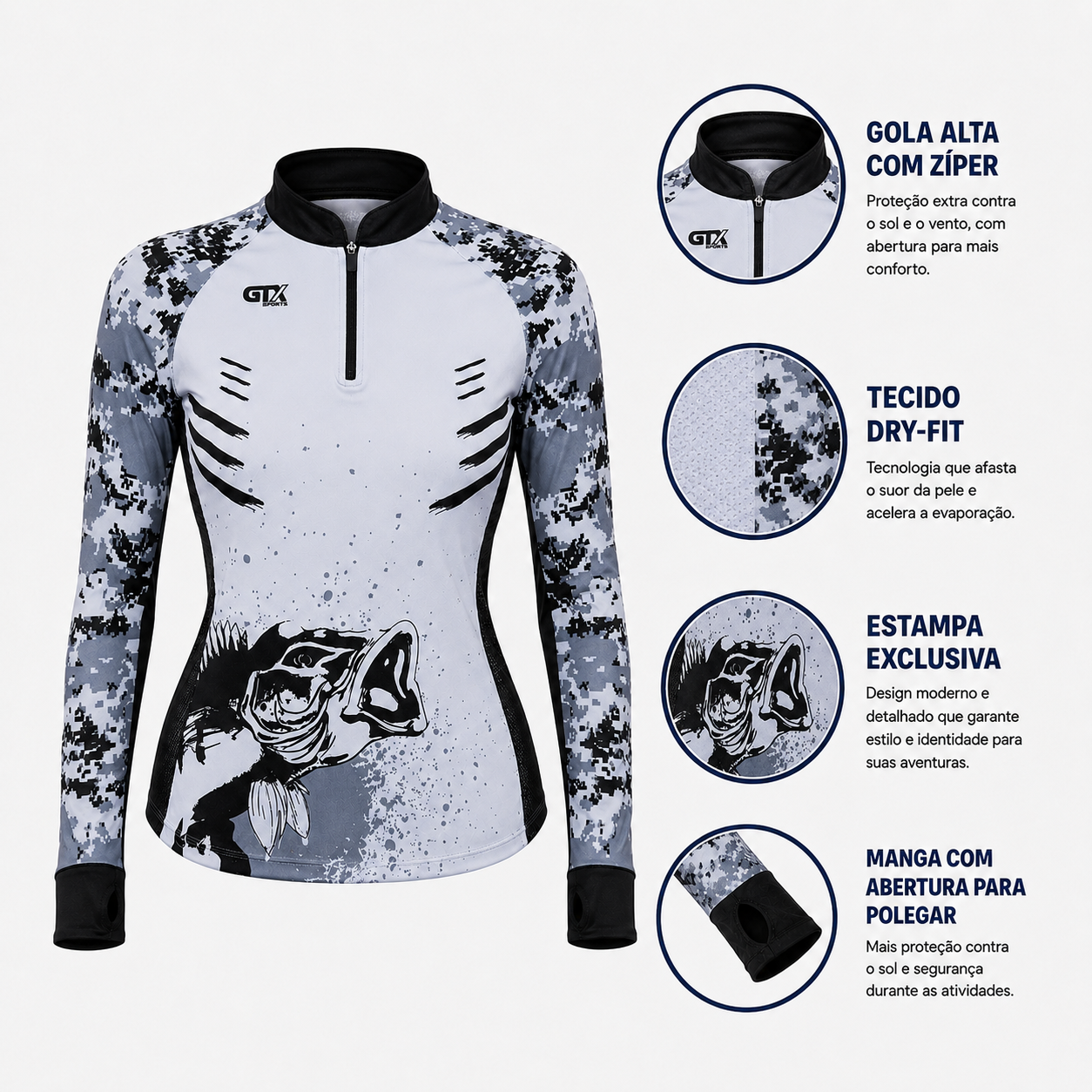 Camisa de Pesca Feminina Silver Bass com Zíper e Proteção UV50+