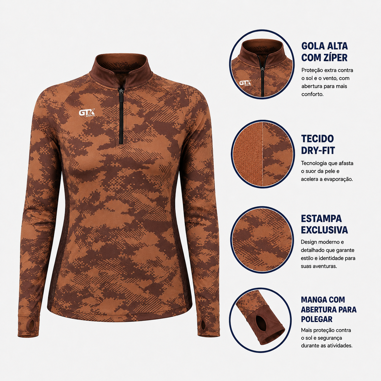 Camisa de Pesca Feminina Desert Camo com Zíper e Proteção UV50+