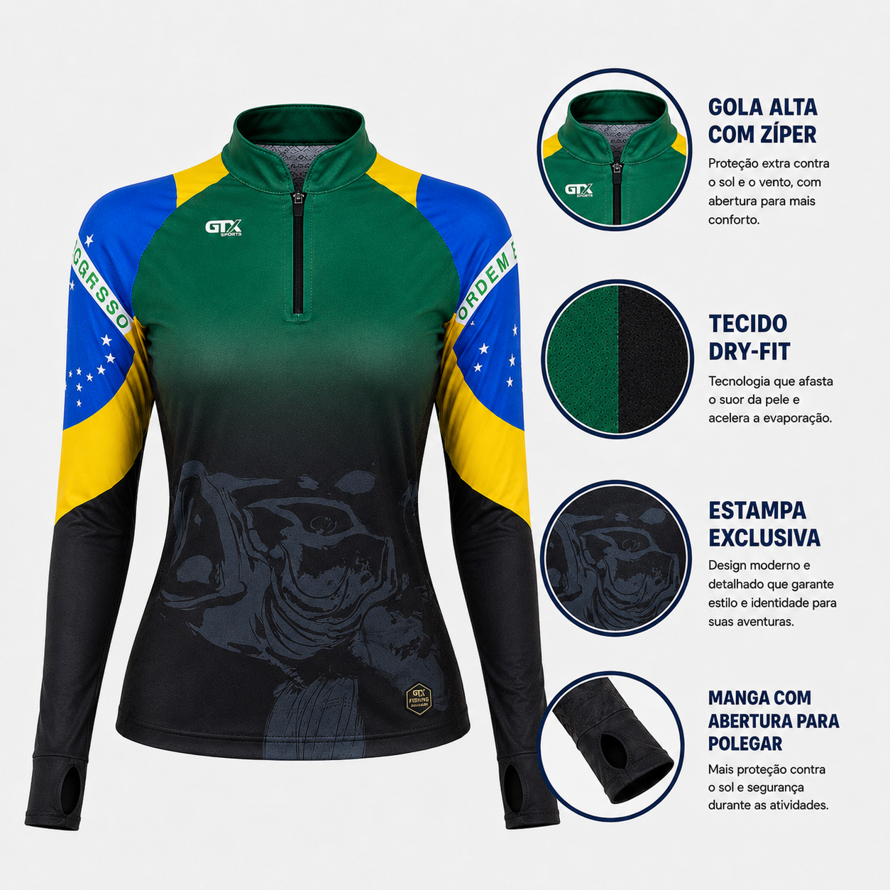 Camisa de Pesca Feminina Brasil Legacy com Zíper e Proteção UV50+