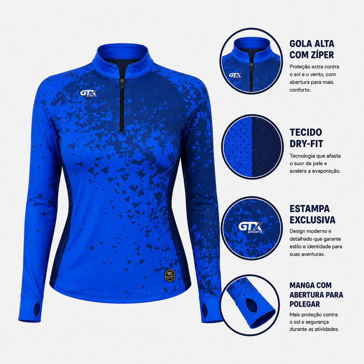 Camisa de Pesca Feminina Blue Splash com Zíper e Proteção UV50+