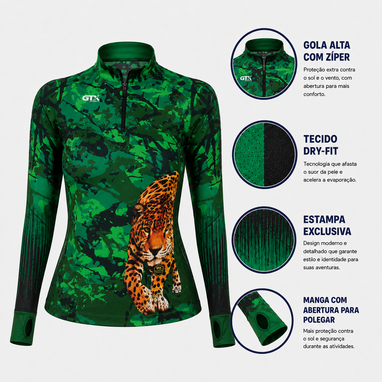 Camisa de Pesca Feminina Jungle Panther com Zíper e Proteção UV50+
