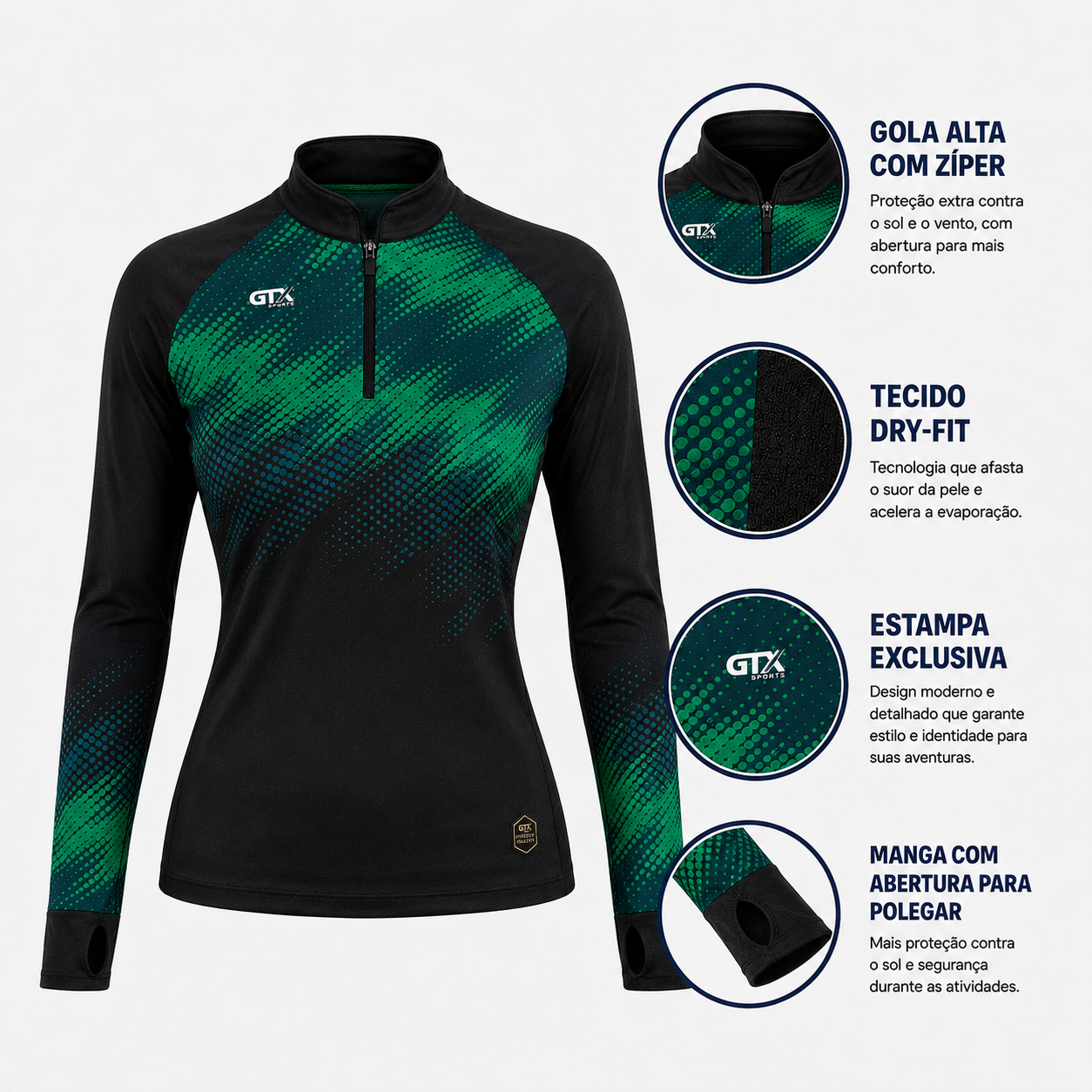 Camisa de Pesca Feminina Emerald Flow com Zíper e Proteção UV50+