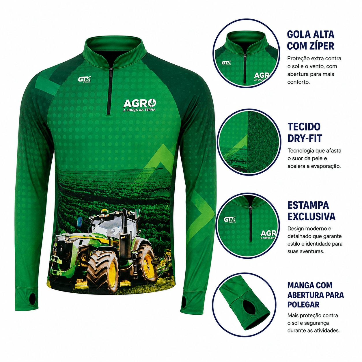 Camisa Agro Masculina Força da Terra com Zíper e Proteção UV50+ - GTX Print