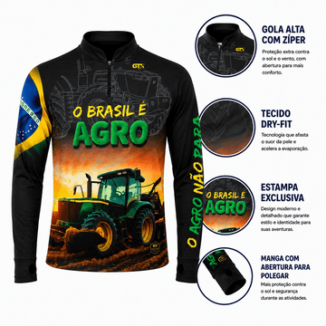 Camisa Agro Masculina O Brasil é Agro com Zíper e Proteção UV50+ - GTX Print