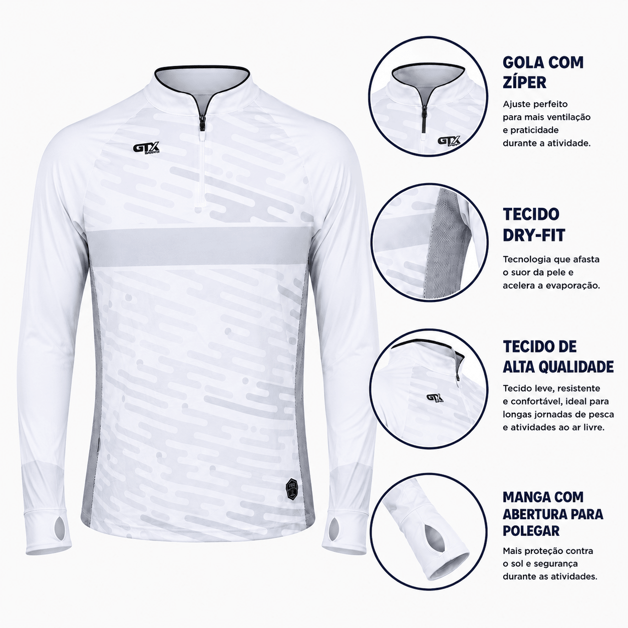 Camisa de Pesca Arctic White com Zíper e Proteção UV50+ - GTX Print