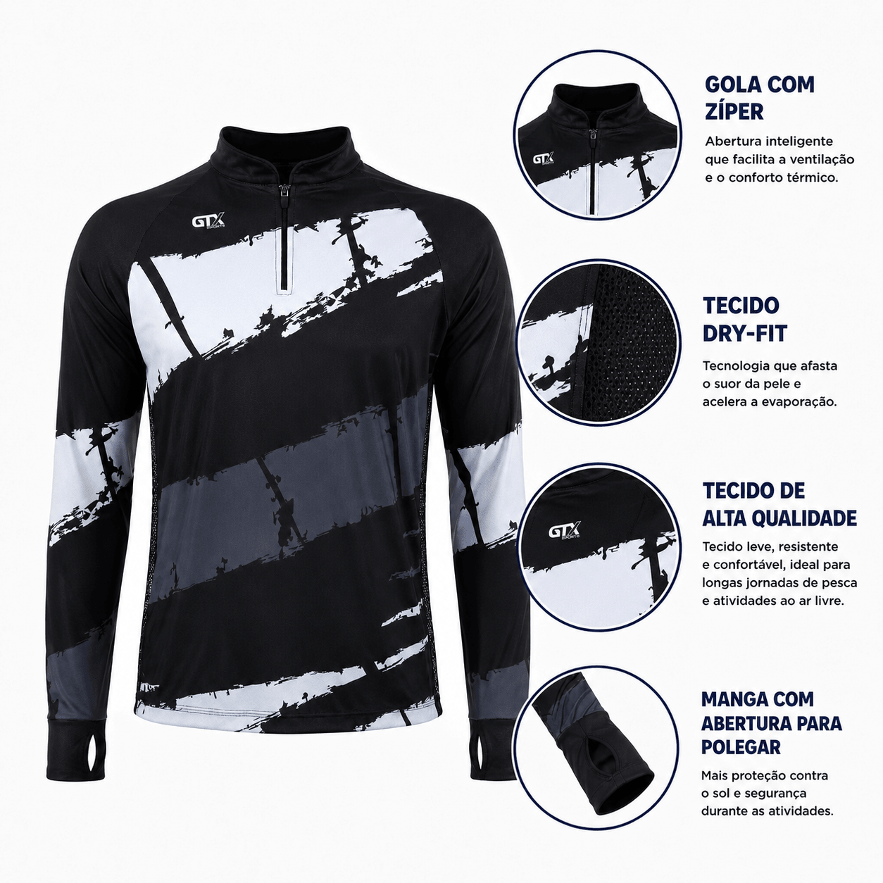 Camisa de Pesca Black Tide com Zíper e Proteção UV50+ - GTX Print
