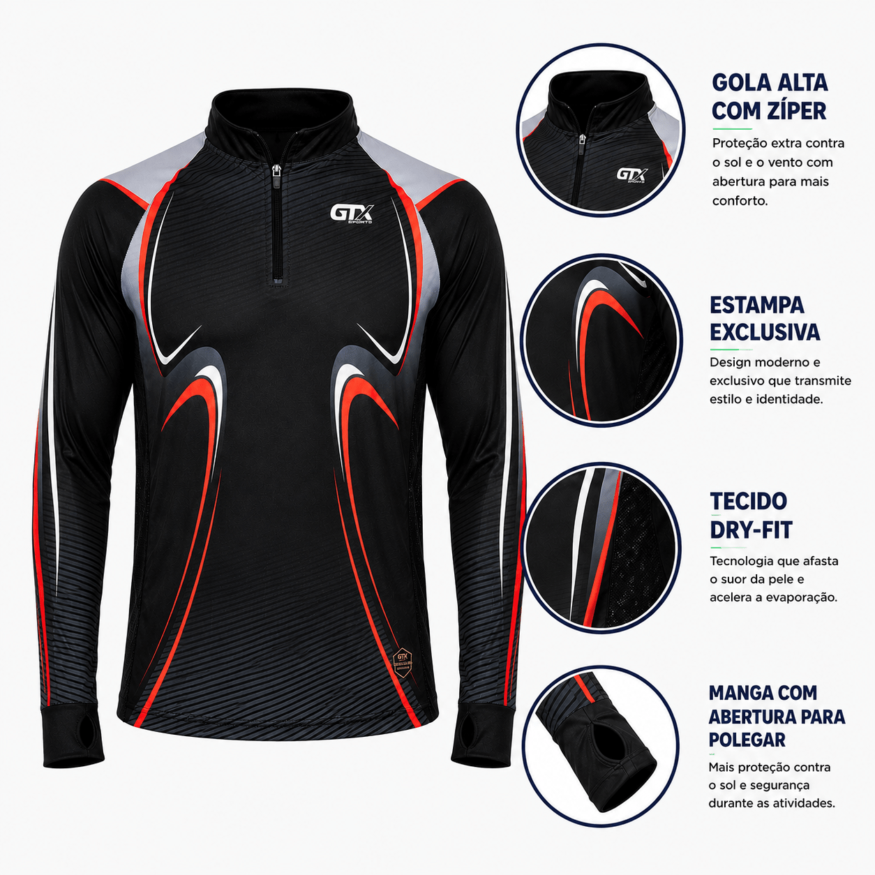 Camisa de Pesca Black Velocity com Zíper e Proteção UV50+ - GTX Print