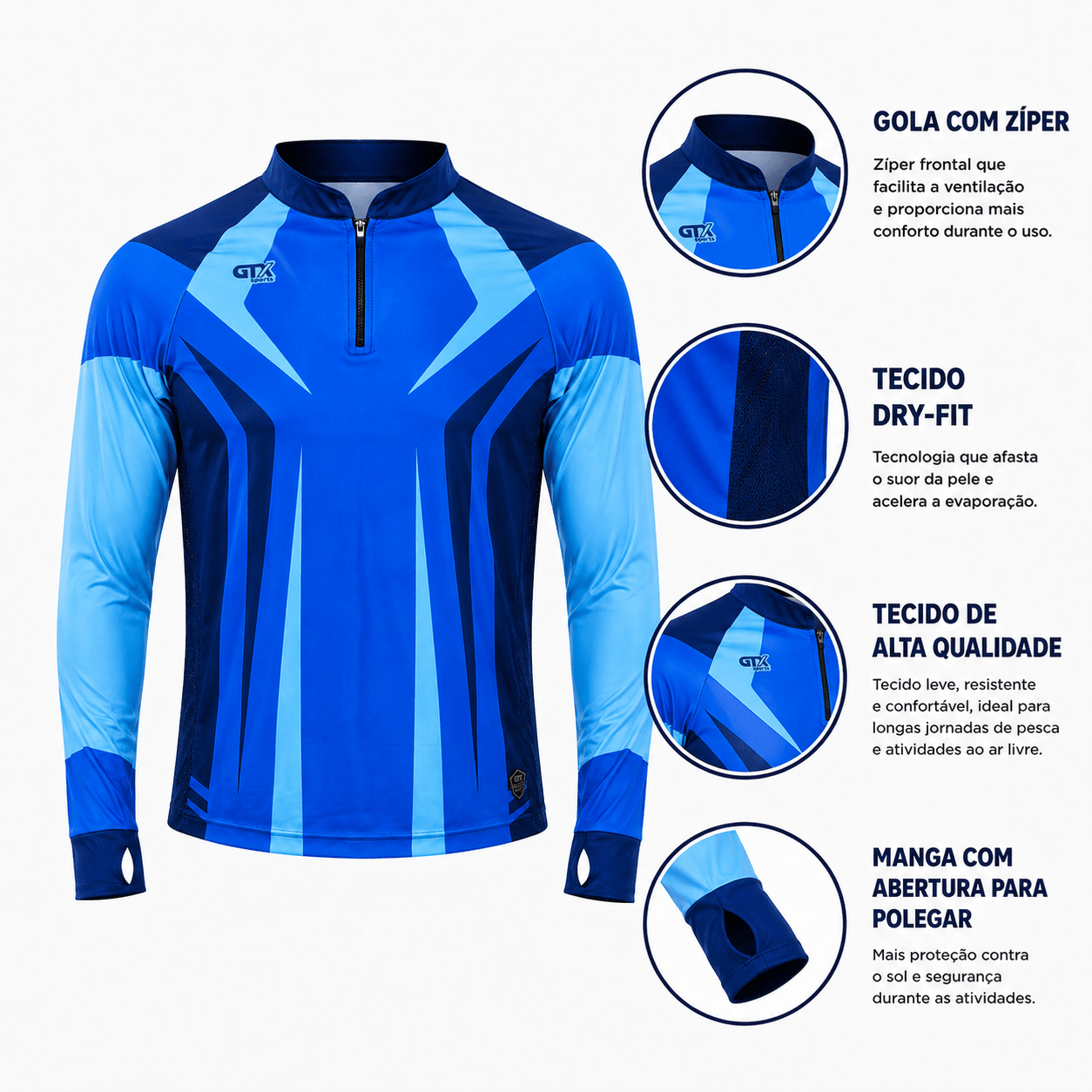 Camisa de Pesca Blue Phantom com Zíper e Proteção UV50+ - GTX Print