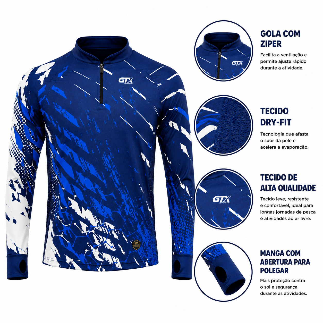 Camisa de Pesca Blue Torrent com Zíper e Proteção UV50+ - GTX Print