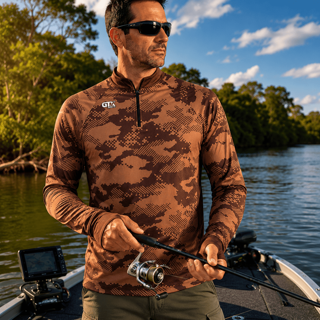 Camisa de Pesca Brown Camo com Zíper e Proteção UV50+ - GTX Print