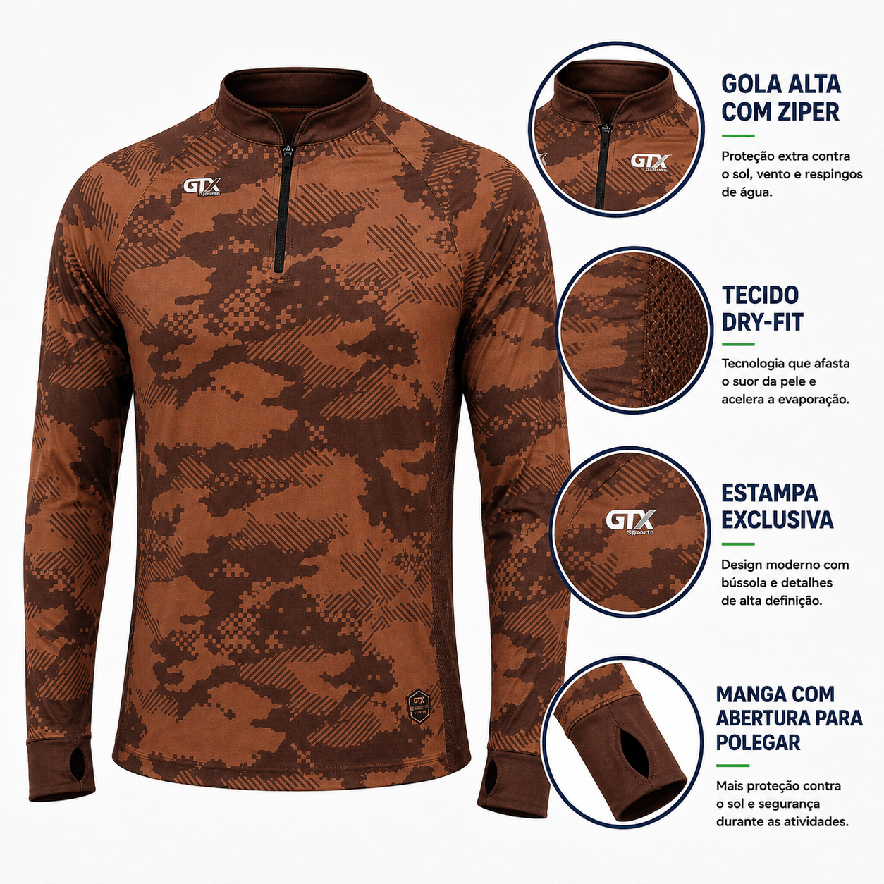 Camisa de Pesca Brown Camo com Zíper e Proteção UV50+ - GTX Print