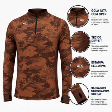 Camisa de Pesca Brown Camo com Zíper e Proteção UV50+ - GTX Print