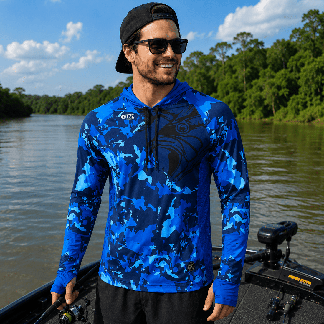Camisa de Pesca Masculina com Capuz Azul de Aço e Proteção UV50+ - GTX Print
