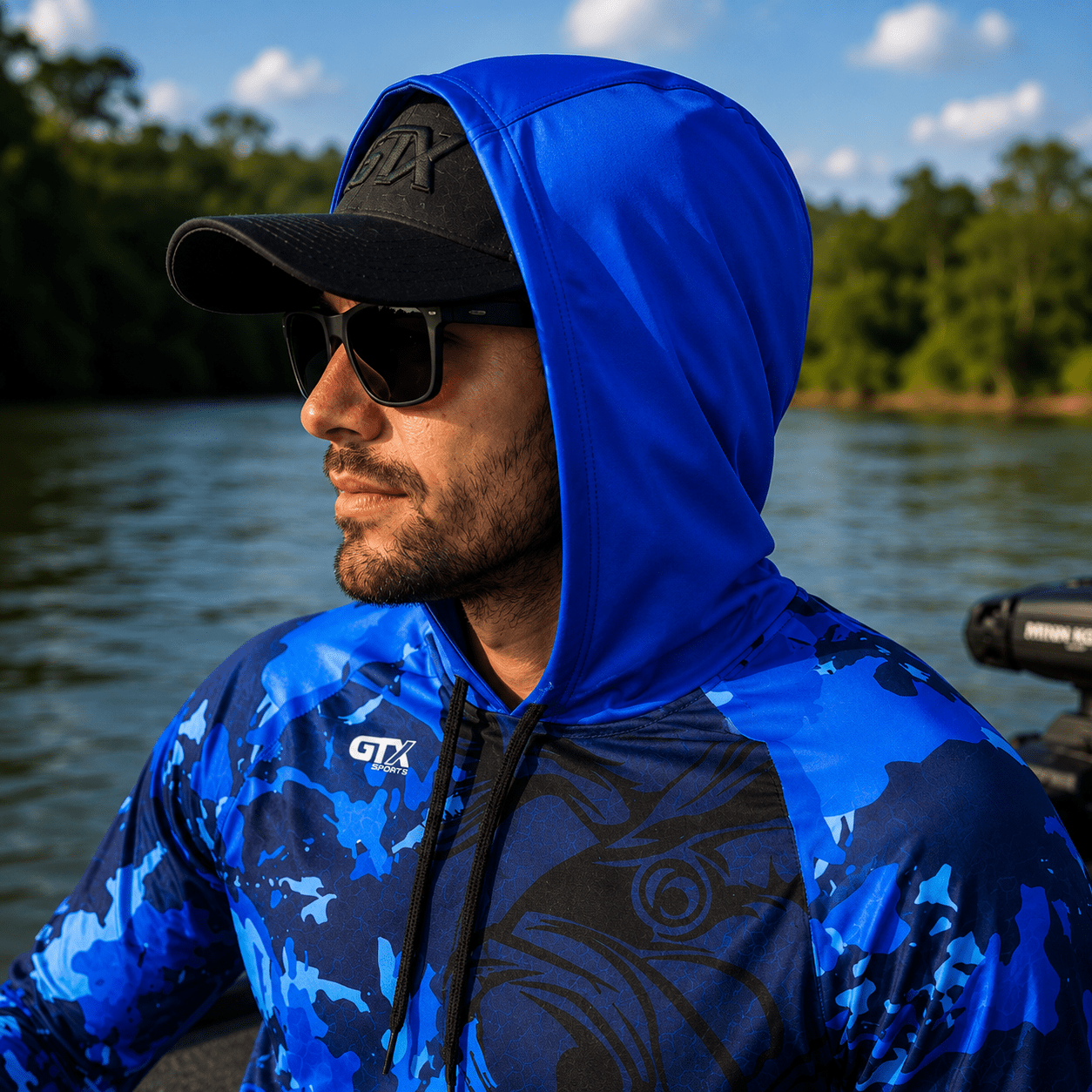 Camisa de Pesca Masculina com Capuz Azul de Aço e Proteção UV50+ - GTX Print