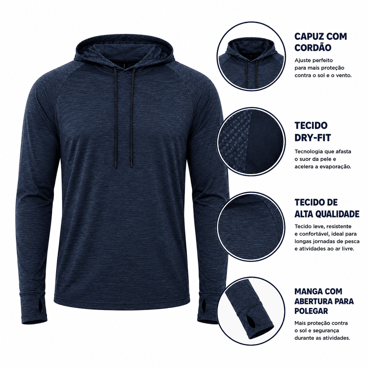 Camisa de Pesca Masculina com Capuz Azul Profundo e Proteção UV50+ - GTX Print