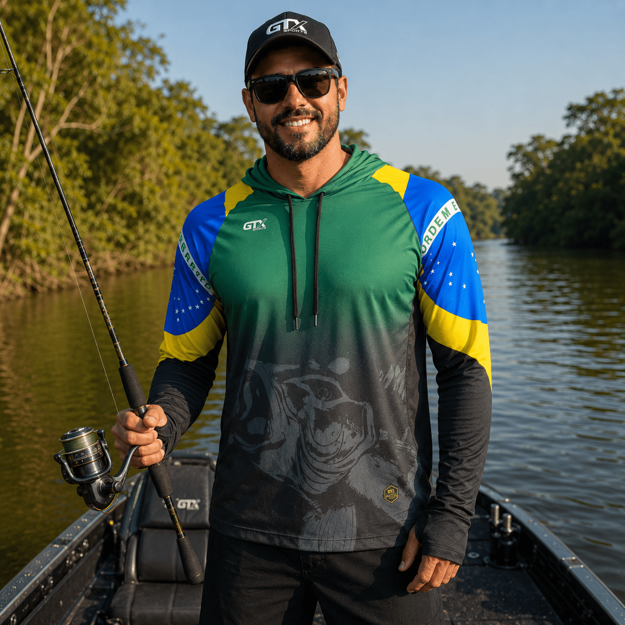 Camisa de Pesca Masculina com Capuz Brasil Dourado e Proteção UV50+ - GTX Print