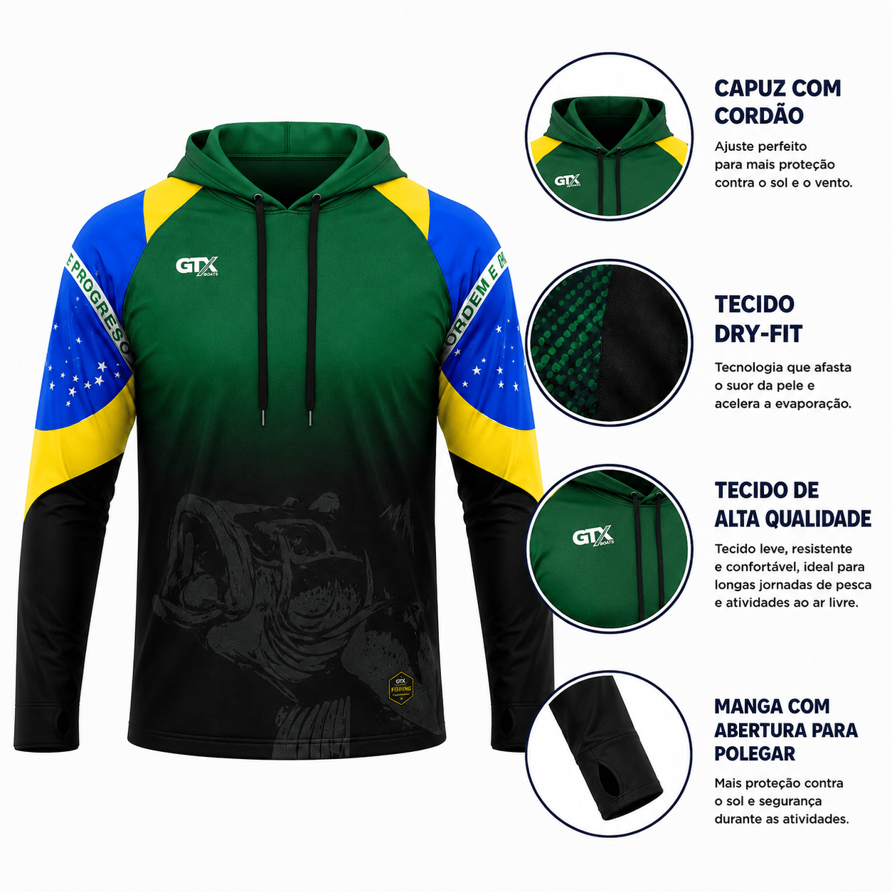 Camisa de Pesca Masculina com Capuz Brasil Dourado e Proteção UV50+ - GTX Print