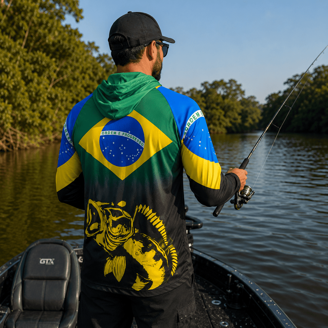 Camisa de Pesca Masculina com Capuz Brasil Dourado e Proteção UV50+ - GTX Print