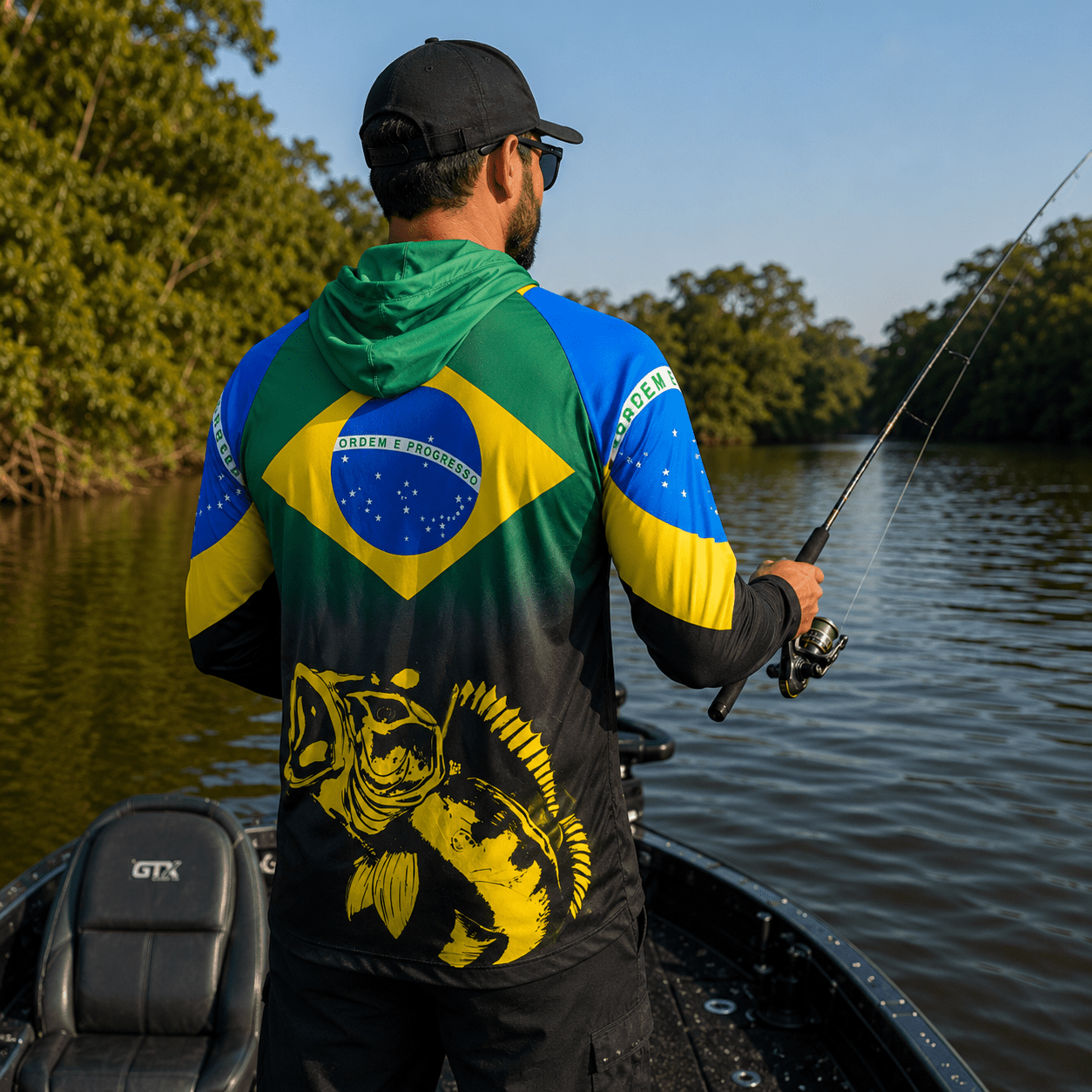 Camisa de Pesca Masculina com Capuz Brasil Dourado e Proteção UV50+ - GTX Print