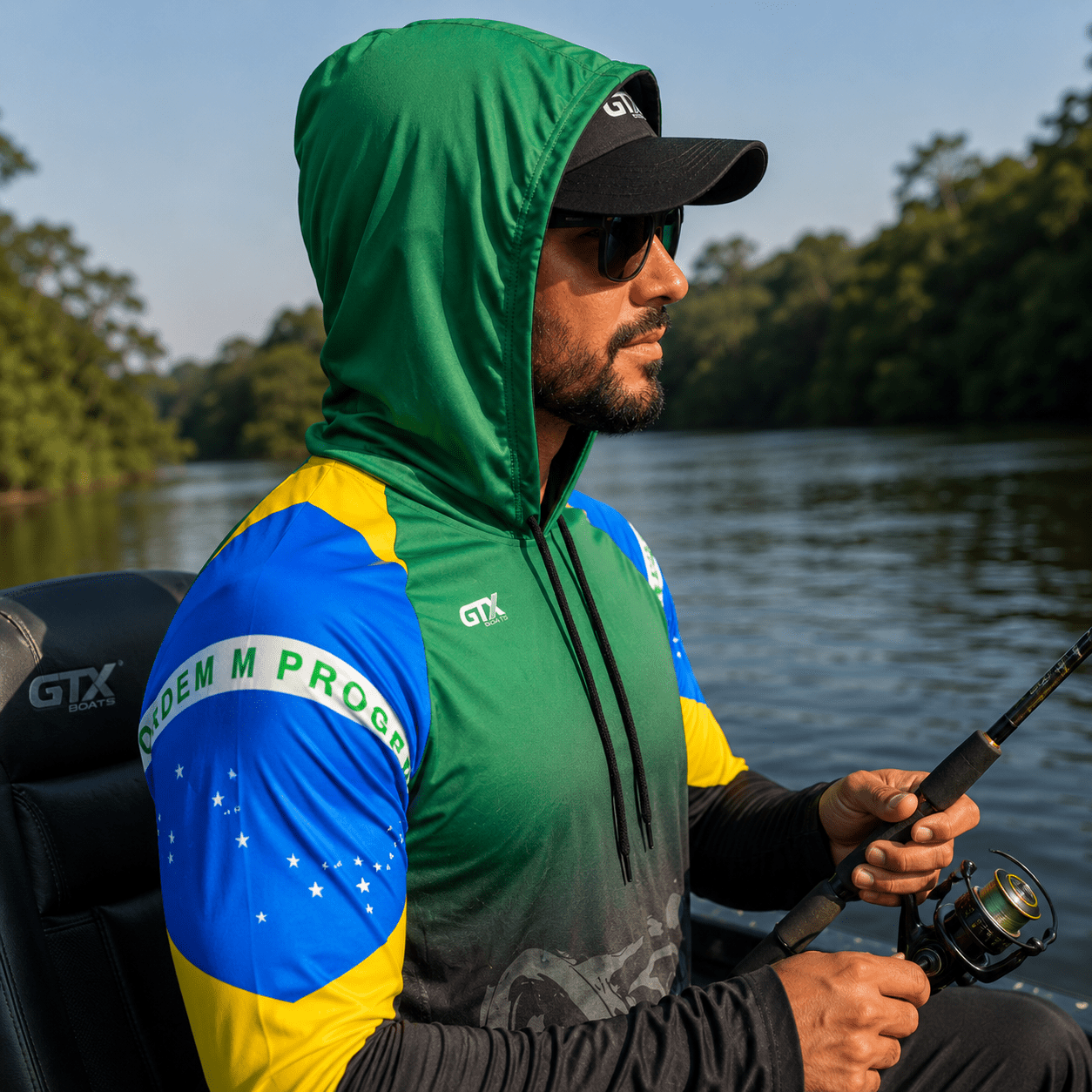 Camisa de Pesca Masculina com Capuz Brasil Dourado e Proteção UV50+ - GTX Print