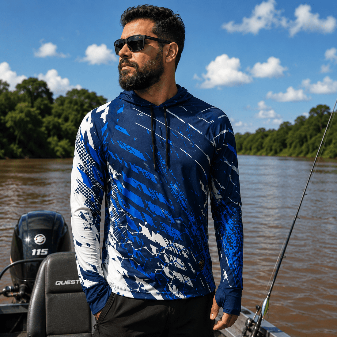 Camisa de Pesca Masculina com Capuz Correnteza Azul e Proteção UV50+ - GTX Print