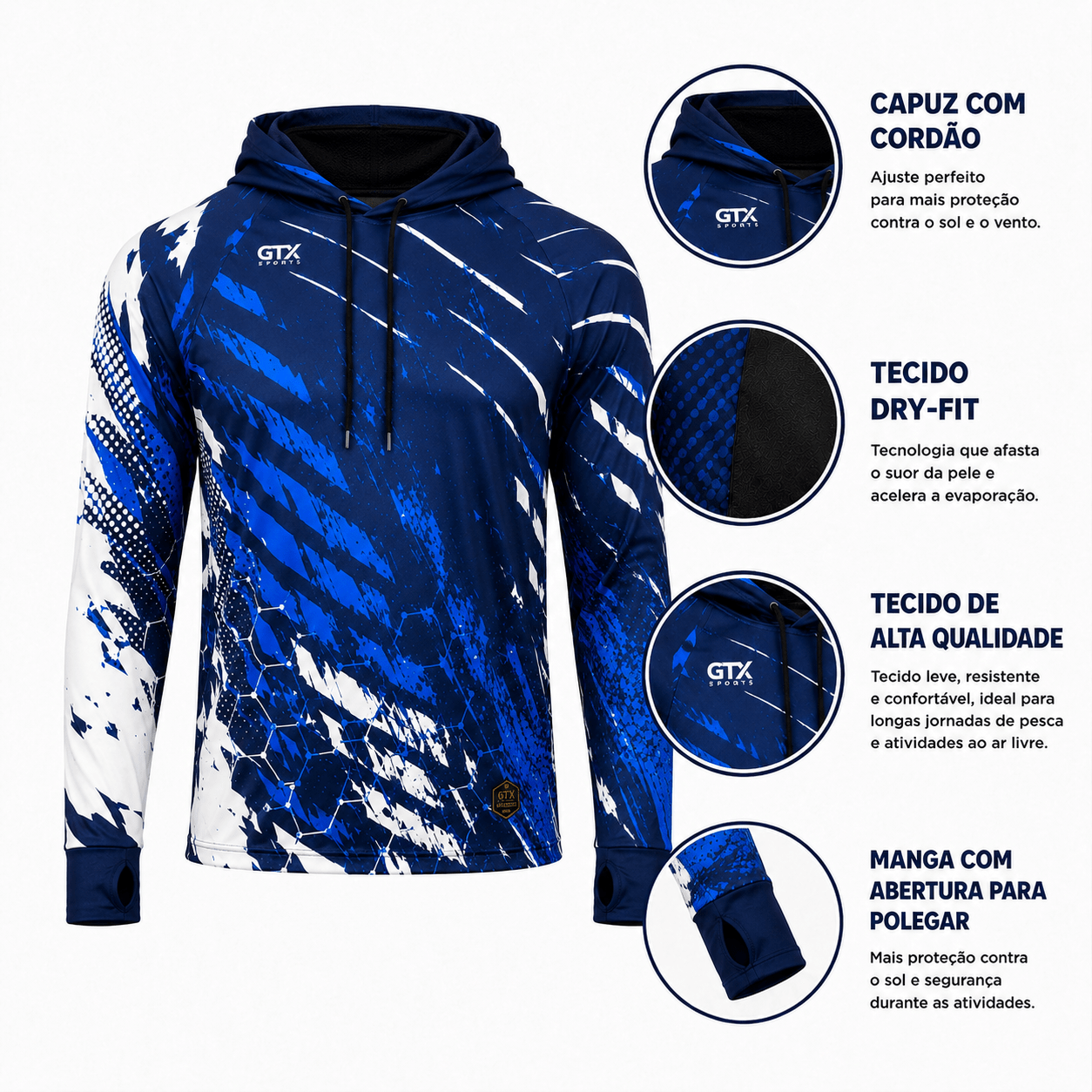 Camisa de Pesca Masculina com Capuz Correnteza Azul e Proteção UV50+ - GTX Print