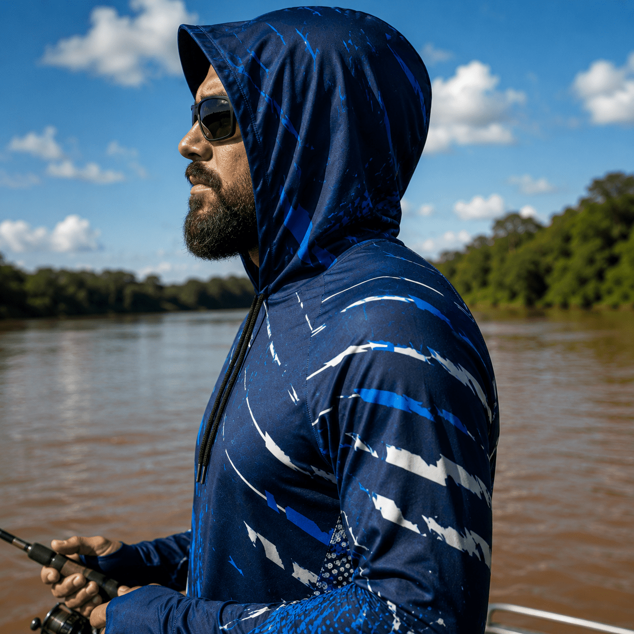 Camisa de Pesca Masculina com Capuz Correnteza Azul e Proteção UV50+ - GTX Print