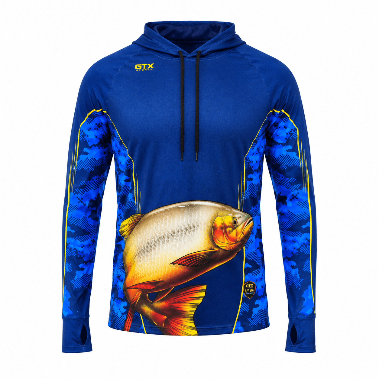 Camisa de Pesca Masculina com Capuz Dourado Azul e Proteção UV50+ - GTX Print