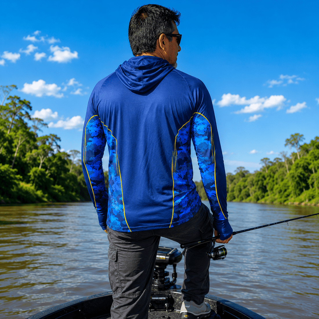 Camisa de Pesca Masculina com Capuz Dourado Azul e Proteção UV50+ - GTX Print