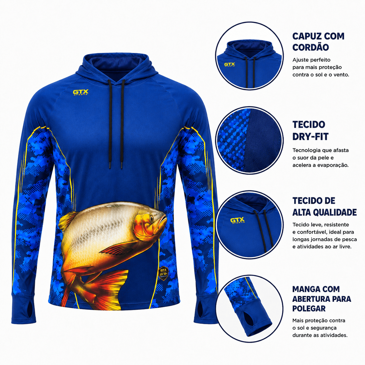 Camisa de Pesca Masculina com Capuz Dourado Azul e Proteção UV50+ - GTX Print