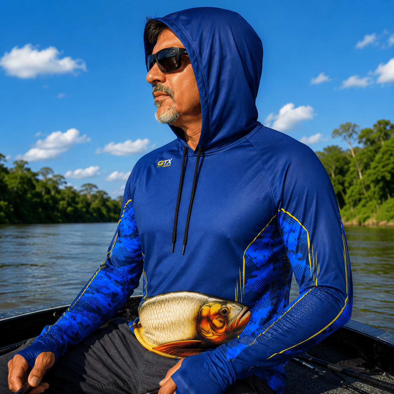 Camisa de Pesca Masculina com Capuz Dourado Azul e Proteção UV50+ - GTX Print
