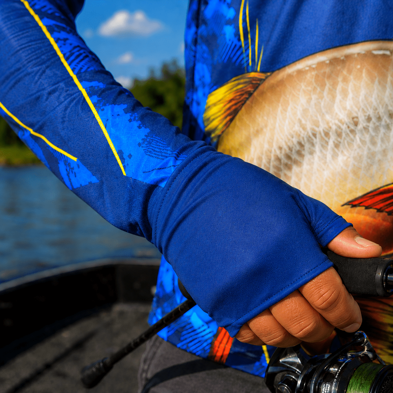 Camisa de Pesca Masculina com Capuz Dourado Azul e Proteção UV50+ - GTX Print