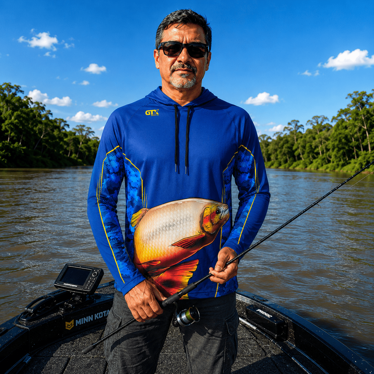 Camisa de Pesca Masculina com Capuz Dourado Azul e Proteção UV50+ - GTX Print