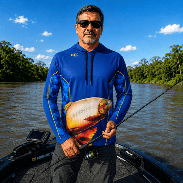 Camisa de Pesca Masculina com Capuz Dourado Azul e Proteção UV50+ - GTX Print