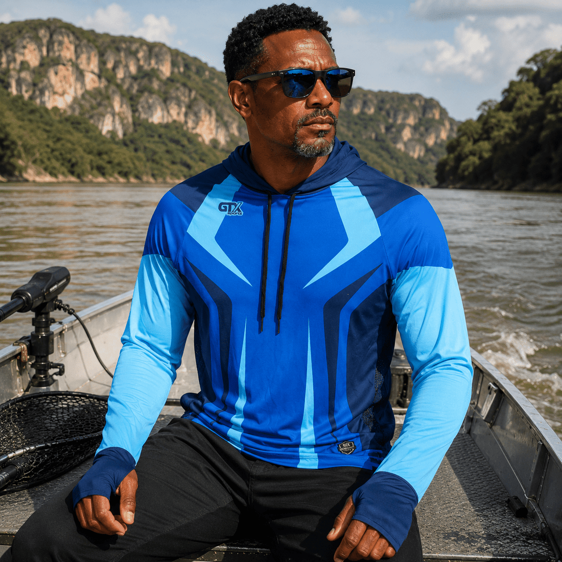 Camisa de Pesca Masculina com Capuz GTX Print Azul Bruto Proteção UV50+ - GTX Print