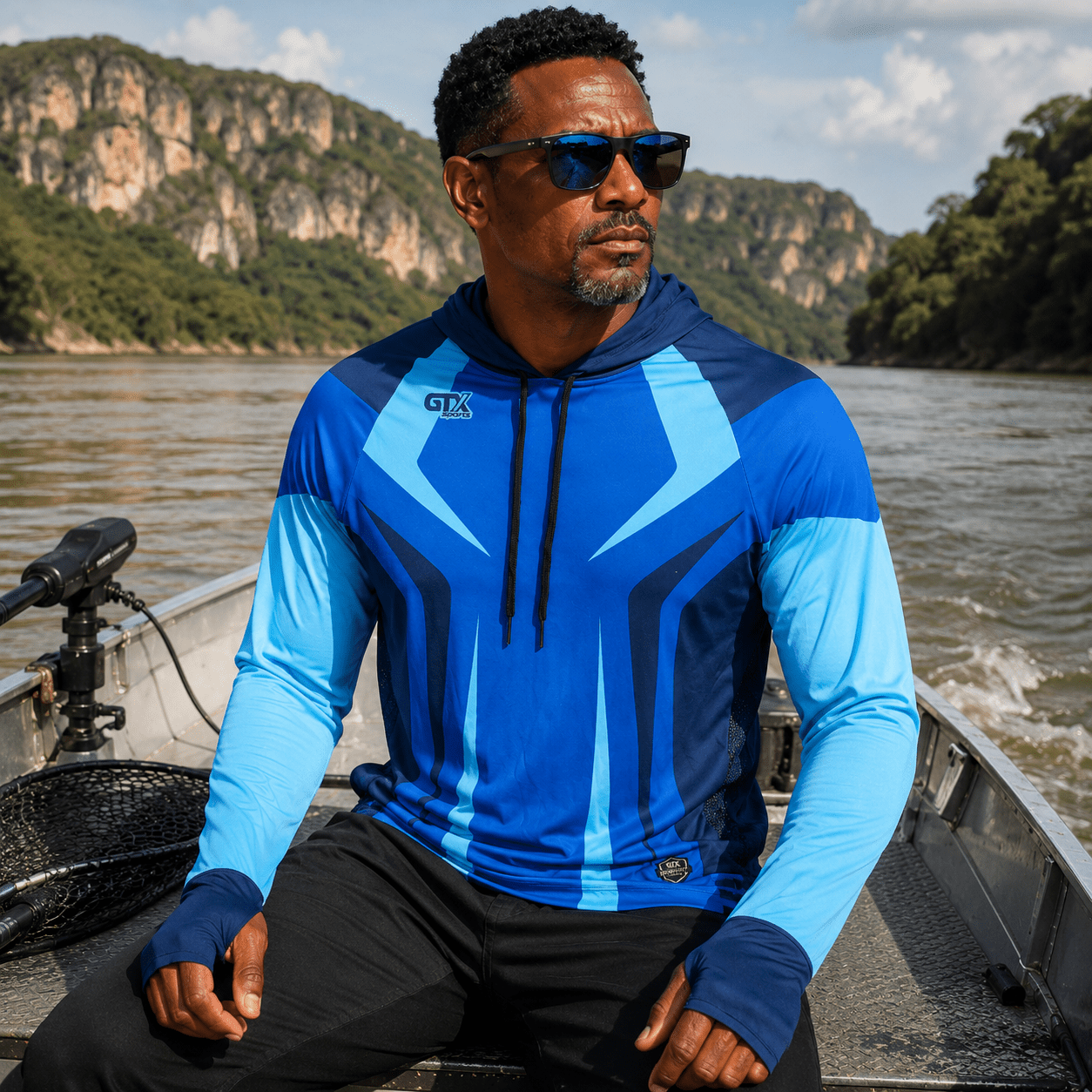 Camisa de Pesca Masculina com Capuz GTX Print Azul Bruto Proteção UV50+ - GTX Print
