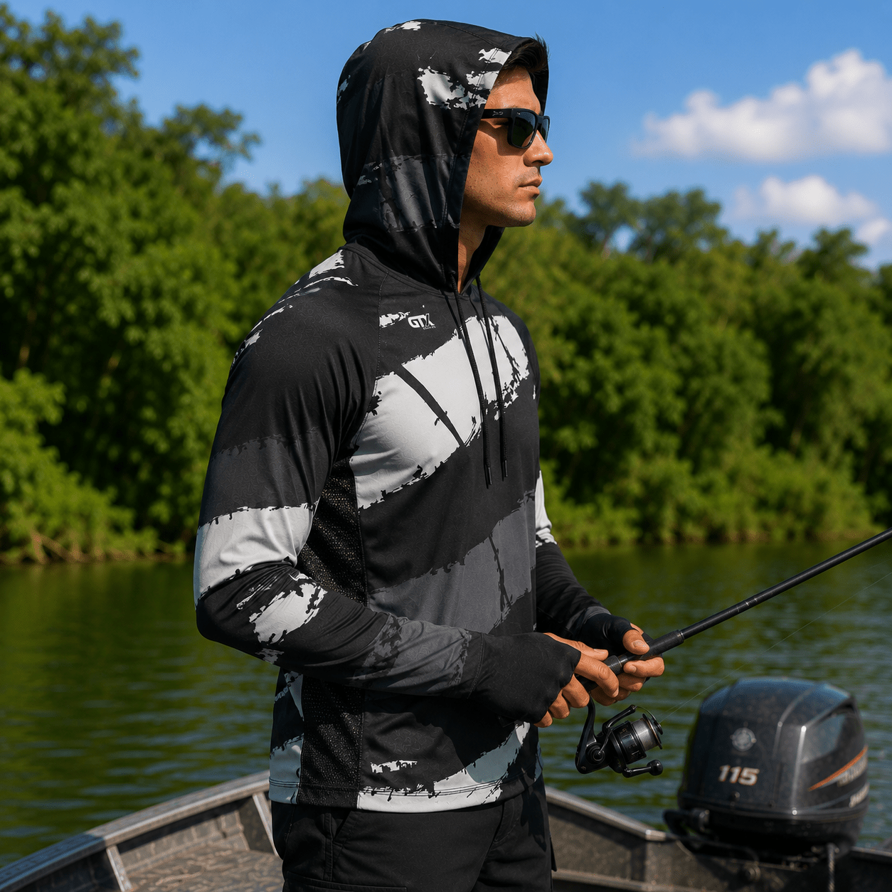 Camisa de Pesca Masculina com Capuz Maré Negra e Proteção UV50+ - GTX Print