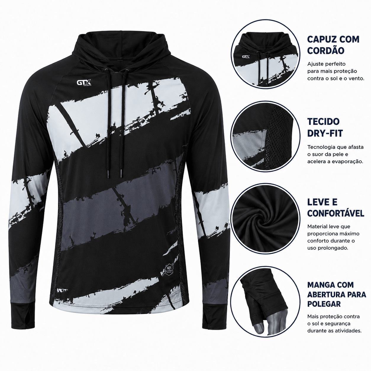 Camisa de Pesca Masculina com Capuz Maré Negra e Proteção UV50+ - GTX Print