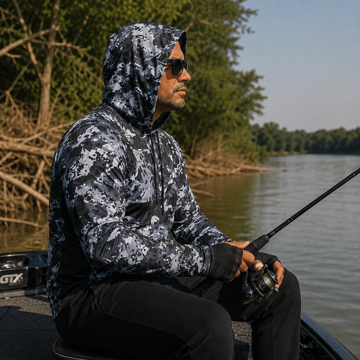 Camisa de Pesca Masculina com Capuz Neblina do Rio e Proteção UV50+ - GTX Print