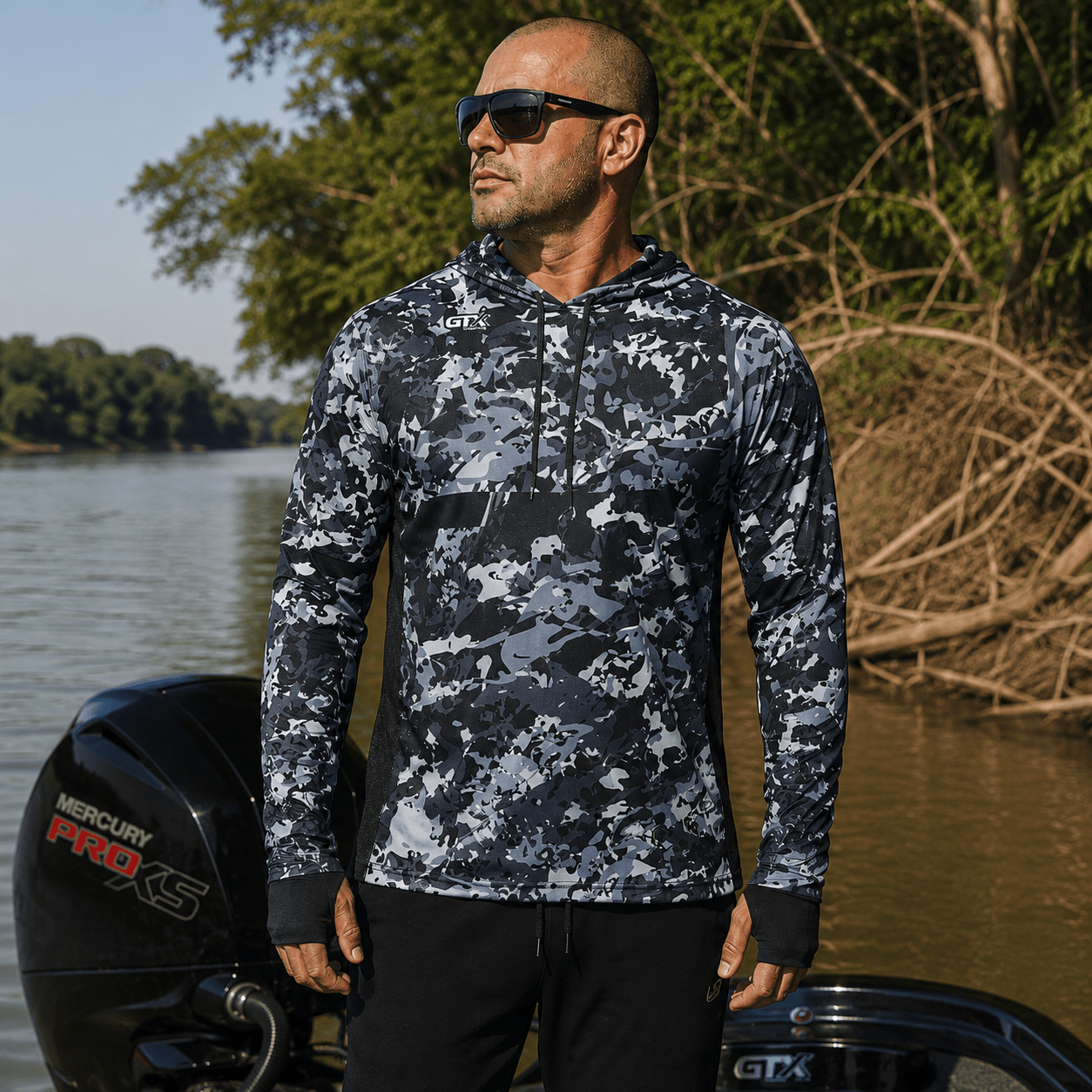 Camisa de Pesca Masculina com Capuz Neblina do Rio e Proteção UV50+ - GTX Print