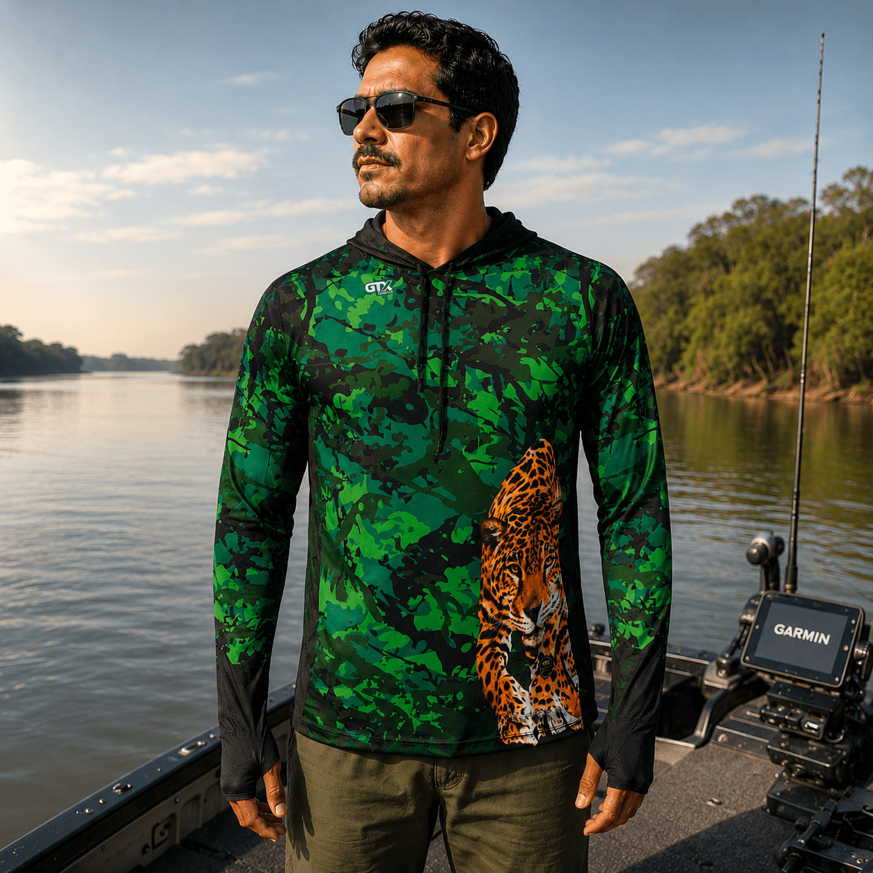 Camisa de Pesca Masculina com Capuz Onça Pantaneira e Proteção UV50+ - GTX Print