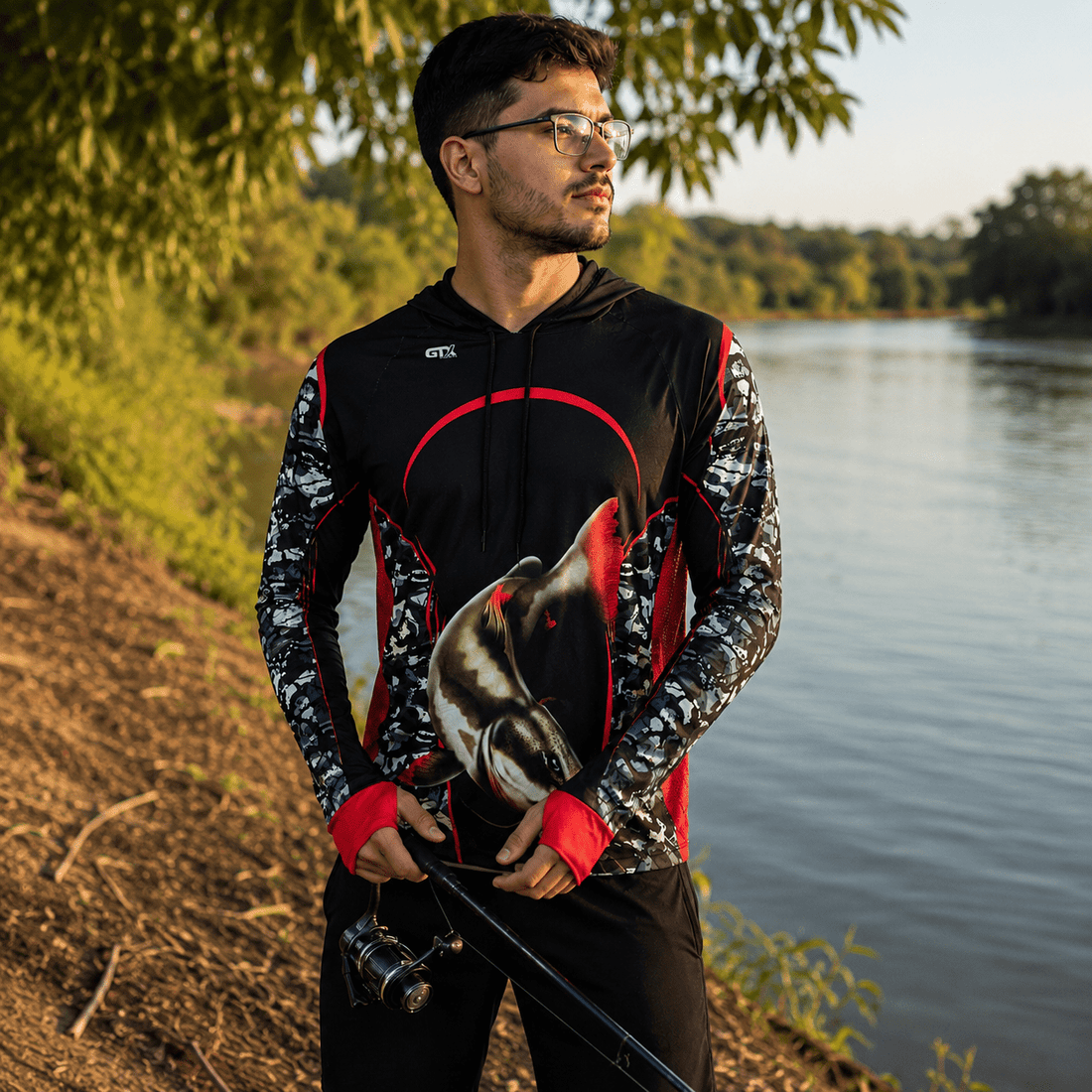 Camisa de Pesca Masculina com Capuz Piraíba Negra e Proteção UV50+ - GTX Print