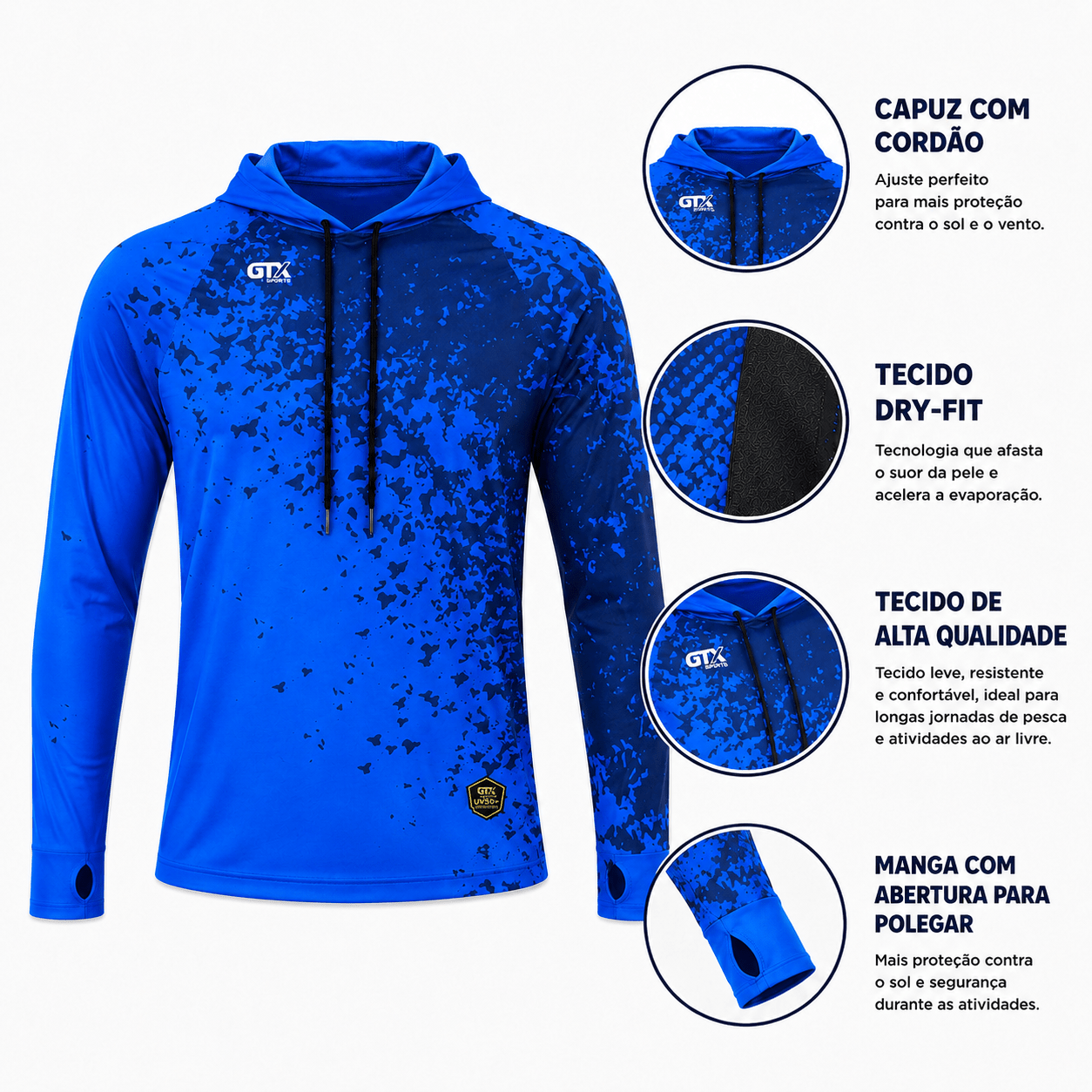 Camisa de Pesca Masculina com Capuz Rio Azul e Proteção UV50+ - GTX Print
