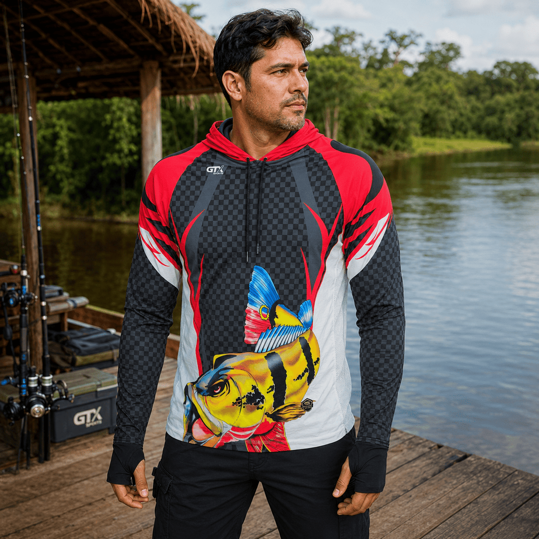 Camisa de Pesca Masculina com Capuz Tucunaré de Fogo e Proteção UV50+ - GTX Print