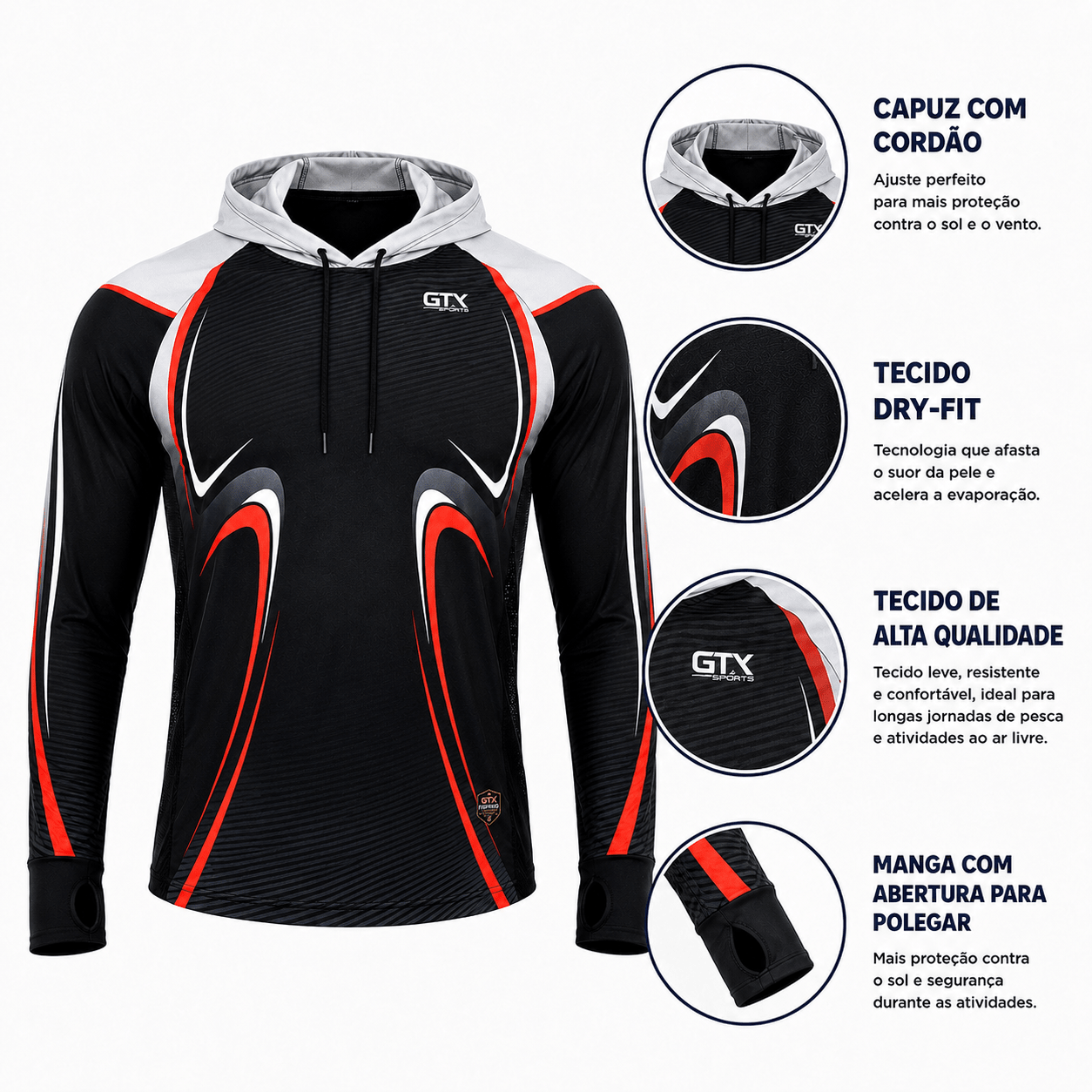 Camisa de Pesca Masculina com Capuz Velocidade Negra e Proteção UV50+ - GTX Print