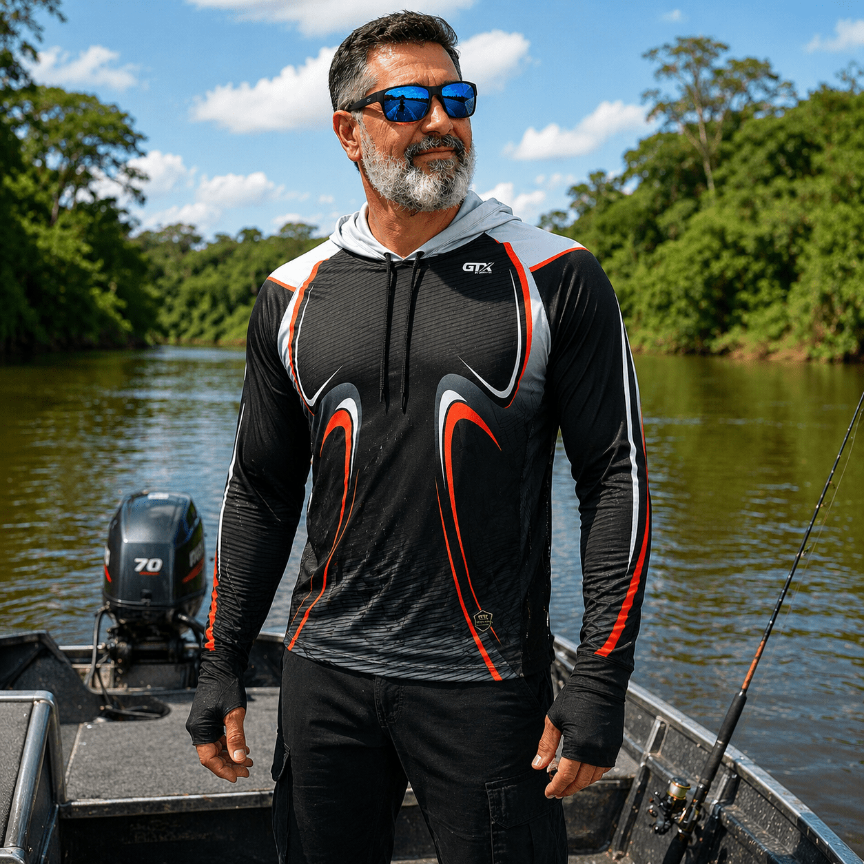 Camisa de Pesca Masculina com Capuz Velocidade Negra e Proteção UV50+ - GTX Print