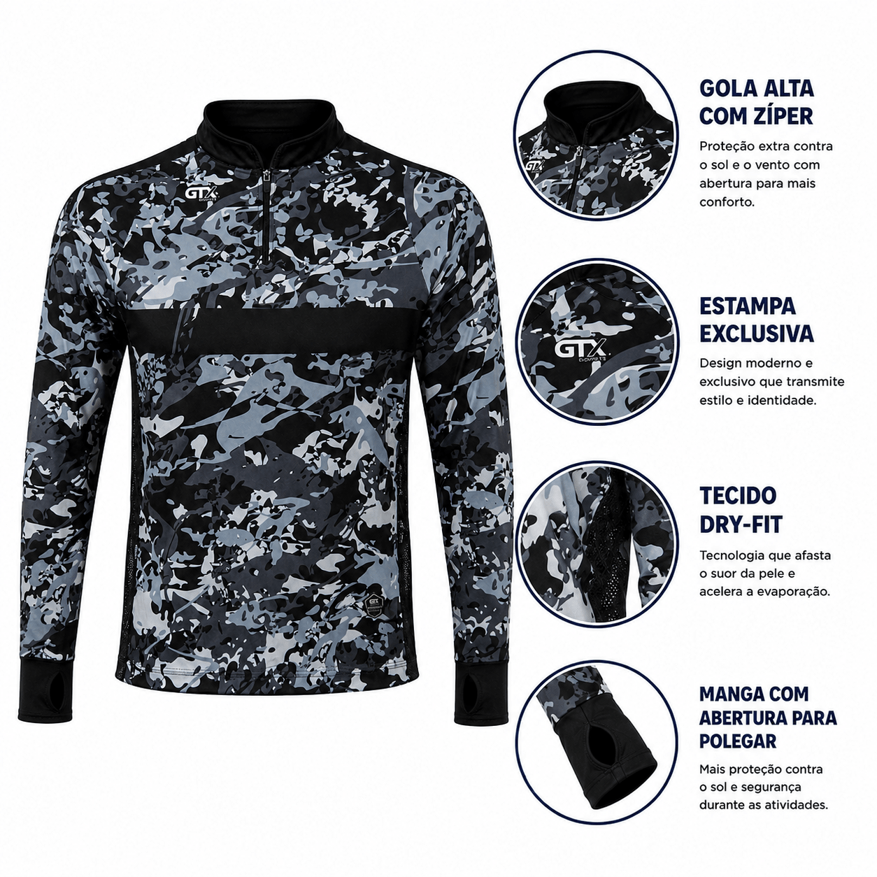 Camisa de Pesca Shadow Camo com Zíper e Proteção UV50+ - GTX Print